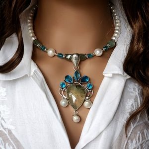 Silver 925 Pendant Natural PREHITE Stone Genuine Pearls Blue Topaz Crystals